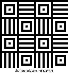 Vector seamless pattern. Decorative element, design template with crossed straight black and white lines and striped squares. Background, texture with optical illusion effect. 