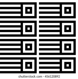 Vector seamless pattern. Decorative element, design template with black and white moving to right straight squares with striped lines. Background, texture in op art style. Optical illusion effect.