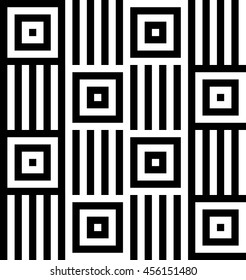 Vector seamless pattern. Decorative element, design template with black and white squares with striped straight lines. Background, texture with optical illusion effect. Vertical tiles in op art style.