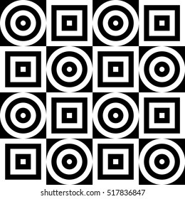 Vector seamless pattern. Decorative element, design template with striped crossed black and white squares and circles. Background, texture with optical illusion effect. Mesmeric tiles in op art style