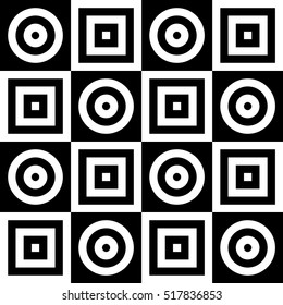 Vector seamless pattern. Decorative element, design template with striped crossed black and white squares and circles. Background, texture with optical illusion effect. Chess tiles in op art style