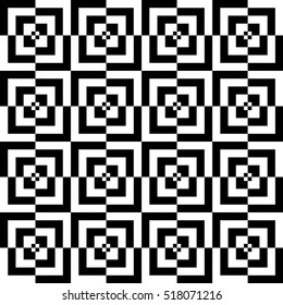 Vector seamless pattern. Decorative element, design template with striped black and white lines and checked square. Background, texture with optical illusion effect. Psychedelic tiles in op art style