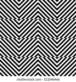 Vector seamless pattern. Decorative element, design template with striped black and white diagonal zigzag lines. Background, texture with optical illusion effect. Moving tiles in op art style