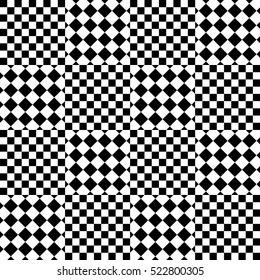 Vector seamless pattern. Decorative element, design template with black and white diagonal rhombus and checked squares. Background, texture with optical illusion effect. Game tiles in op art style.