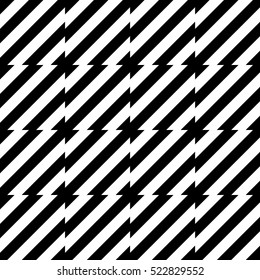 Vector seamless pattern. Decorative element, design template with striped black and white diagonal inclined lines. Background, texture with optical illusion effect. Moving tiles in op art style