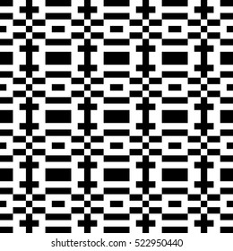 Vector seamless pattern. Decorative element, design template with pixel black and white motifs. Background, texture with optical illusion effect. Ethnic tribal traditional tracery for fabric swatch.