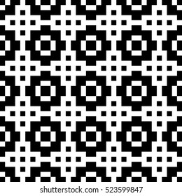 Vector seamless pattern. Decorative element, design template with pixel black and white motifs. Background, texture with optical illusion effect. Ethnic tribal traditional tracery for fabric swatch.