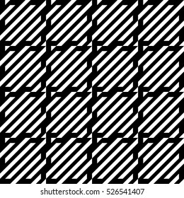 Vector seamless pattern. Decorative element, design template with diagonal striped black and white lines. Background, texture with mechanical geometry. Structural industrial tiles for lattice, grille