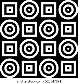Vector seamless pattern. Decorative element, design template with striped crossed black and white squares and circles. Background, texture with optical illusion effect. Disco tiles in op art style.