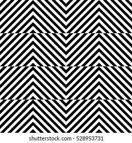 Vector seamless pattern. Decorative element, design template with striped black and white diagonal inclined lines. Background, texture with optical illusion effect. Dynamic tiles in op art style.