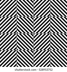 Vector seamless pattern. Decorative element, design template with striped black and white diagonal inclined lines. Background, texture with optical illusion effect. Dynamic tiles in op art style.