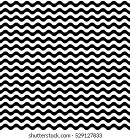 Vector seamless pattern. Decorative element, design template with striped black and white wave curve lines. Background, texture with optical illusion effect. Marine horizontal tiles in op art style.