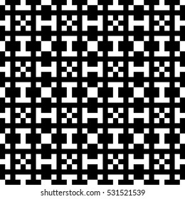 Vector seamless pattern. Decorative element, design template with pixel black and white motifs. Background, texture with optical illusion effect. Ethnic tribal traditional tracery for fabric swatch.