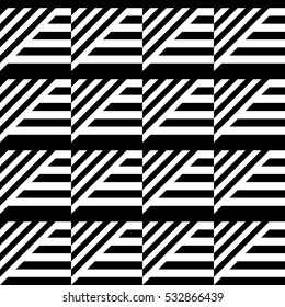 Vector seamless pattern. Decorative element, design template with inclined broken black and white diagonal and straight lines. Background, texture with optical illusion effect. Abstract latticed tile