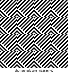 Vector seamless pattern. Decorative element, design template with inclined broken black and white diagonal and straight lines. Background, texture with optical illusion effect. Abstract latticed tile