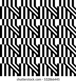 Vector seamless pattern. Decorative element, design template with inclined broken black and white diagonal and straight lines. Background, texture with optical illusion effect. Abstract latticed tile