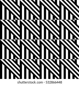Vector seamless pattern. Decorative element, design template with inclined broken black and white diagonal and straight lines. Background, texture with optical illusion effect. Abstract latticed tile