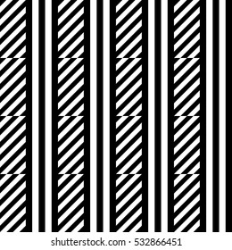 Vector seamless pattern. Decorative element, design template with inclined broken black and white diagonal and straight lines. Background, texture with optical illusion effect. Abstract latticed tile