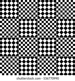 Vector seamless pattern. Decorative element, design template with black and white squares and rhombuses. Background, texture with optical illusion effect. Fabric textile tartan in op art style.