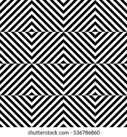 Vector seamless pattern. Decorative element, design template with striped black and white diagonal inclined lines. Background, texture with optical illusion effect. Dynamic tiles in op art style.
