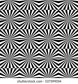 Vector seamless pattern. Decorative element, design template with striped black and white lines. Background, texture with optical illusion effect. Shining pulsing tiles with glow light energy rays.