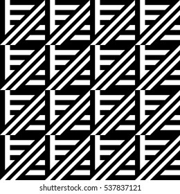 Vector seamless pattern. Decorative element, design template with inclined broken black and white diagonal and straight lines. Background, texture with optical illusion effect. Abstract latticed tile