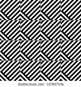 Vector seamless pattern. Decorative element, design template with inclined broken black and white diagonal and straight lines. Background, texture with optical illusion effect. Abstract latticed tile