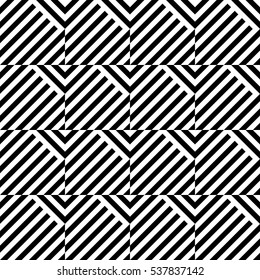 Vector seamless pattern. Decorative element, design template with inclined broken black and white diagonal and straight lines. Background, texture with optical illusion effect. Abstract latticed tile