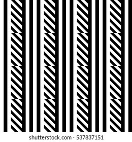 Vector seamless pattern. Decorative element, design template with inclined broken black and white diagonal and straight lines. Background, texture with optical illusion effect. Abstract latticed tile