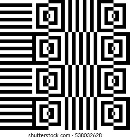 Vector seamless pattern. Decorative element, design template with striped black and white lines and checked square. Background, texture with optical illusion effect. Psychedelic tiles in op art style