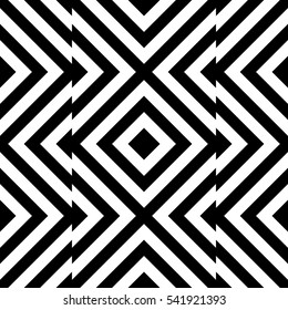 Vector seamless pattern. Decorative element, design template with striped black and white diagonal inclined lines. Background, texture with optical illusion effect. Moving tiles in op art style