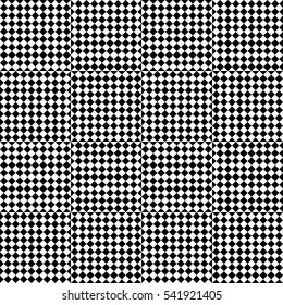 Vector seamless pattern. Decorative element, design template with black and white squares and rhombuses. Background, texture with optical illusion effect. Fabric textile tartan in op art style.