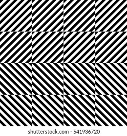 Vector seamless pattern. Decorative element, design template with striped black and white diagonal inclined lines. Background, texture with optical illusion effect. Dynamic tiles in op art style.