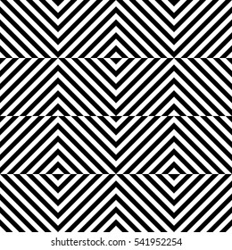 Vector seamless pattern. Decorative element, design template with striped black and white diagonal inclined lines. Background, texture with optical illusion effect. Dynamic tiles in op art style.