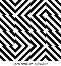 Vector seamless pattern. Decorative element, design template with striped black and white diagonal inclined lines. Background, texture with optical illusion effect. Moving tiles in op art style