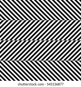 Vector seamless pattern. Decorative element, design template with striped black and white diagonal inclined lines. Background, texture with optical illusion effect. Dynamic tiles in op art style.