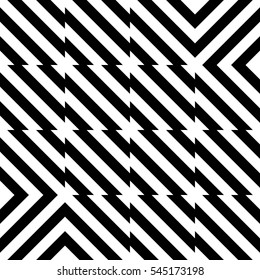 Vector seamless pattern. Decorative element, design template with striped black and white diagonal inclined lines. Background, texture with optical illusion effect. Technologic tiles in op art style