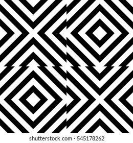 Vector seamless pattern. Decorative element, design template with striped black and white diagonal inclined lines. Background, texture with optical illusion effect. Moving tiles in op art style