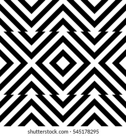 Vector seamless pattern. Decorative element, design template with striped black and white diagonal inclined lines. Background, texture with optical illusion effect. Moving tiles in op art style