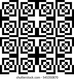 Vector seamless pattern. Decorative element, design template with striped black and white lines and checked square. Background, texture with optical illusion effect. Trance tiles in op art style