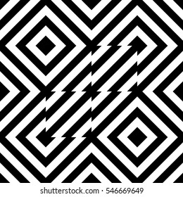 Vector seamless pattern. Decorative element, design template with striped black and white diagonal inclined lines. Background, texture with optical illusion effect. Technologic tiles in op art style