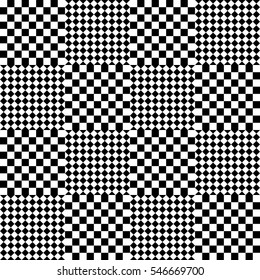 Vector seamless pattern. Decorative element, design template with black and white squares and rhombuses. Background, texture with optical illusion effect. Fabric textile tartan in op art style.