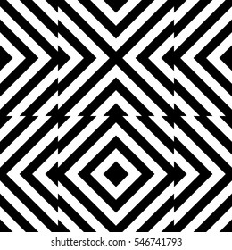 Vector seamless pattern. Decorative element, design template with striped black and white diagonal inclined lines. Background, texture with optical illusion effect. Technologic tiles in op art style