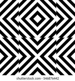 Vector seamless pattern. Decorative element, design template with striped black and white diagonal inclined lines. Background, texture with optical illusion effect. Technologic tiles in op art style