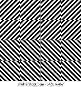 Vector seamless pattern. Decorative element, design template with striped black and white diagonal inclined lines. Background, texture with optical illusion effect. Dynamic tiles in op art style.