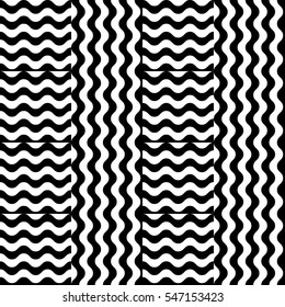 Vector seamless pattern. Decorative element, design template with striped black and white wave curve lines. Background, texture with optical illusion effect. Wind dynamic tiles in op art style.
