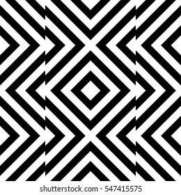 Vector seamless pattern. Decorative element, design template with striped black and white diagonal inclined lines. Background, texture with optical illusion effect. Moving tiles in op art style