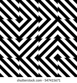 Vector seamless pattern. Decorative element, design template with striped black and white diagonal inclined lines. Background, texture with optical illusion effect. Moving tiles in op art style