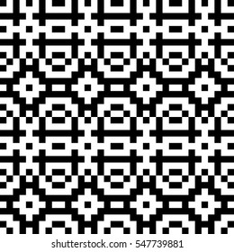 Vector seamless pattern. Decorative element, design template with pixel black and white motifs. Background, texture with optical illusion effect. Ethnic tribal traditional tracery for fabric swatch.