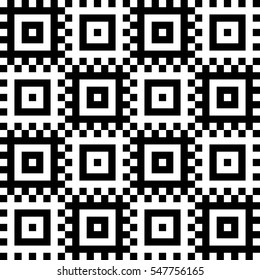 Vector seamless pattern. Decorative element, design template with pixel black and white motifs. Background, texture with optical illusion effect. Ethnic tribal traditional tracery for fabric swatch.